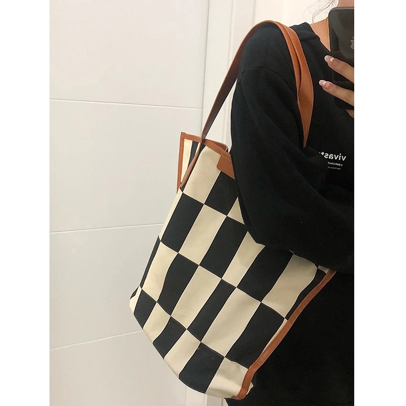 Túi đeo vai bằng vải canvas sức chứa lớn họa tiết bàn cờ kẻ ô dành cho bạn nữ
