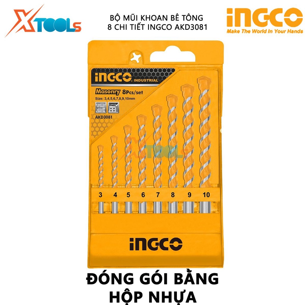 Bộ mũi khoan bê tông 8 chi tiết INGCO AKD3081 | bộ 8 mũi khoan kích thước lần lượt 3X60，4X75，5X85，6X100，7X100，8X120，9X12