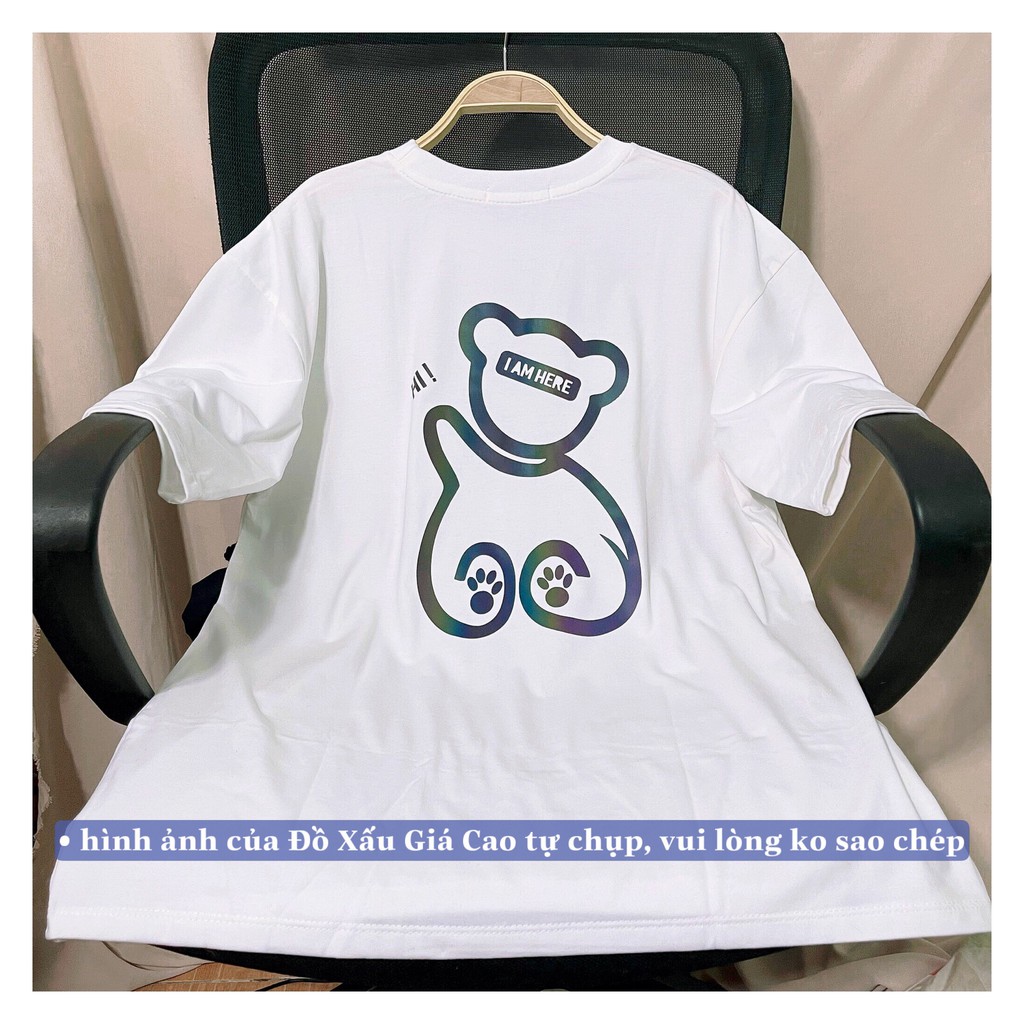 Áo thun trắng phản quang hình gấu. Áo Unisex from rộng tay lỡ chất vải cotton dày dặn. | BigBuy360 - bigbuy360.vn