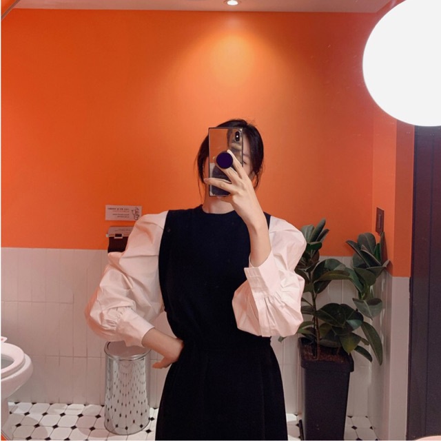 Váy len pha tay sơ mi bồng retro thu đông GNCM