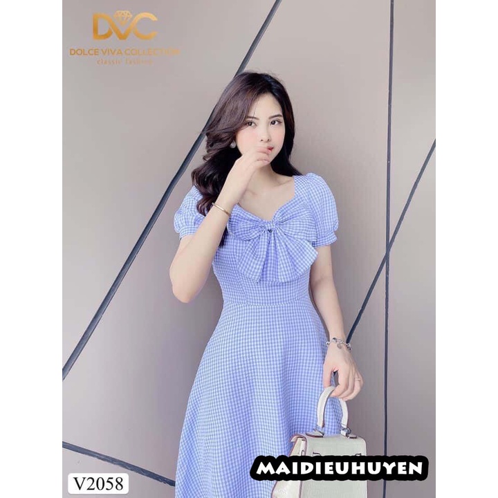 Váy CARO xanh nơ ngực vải kate Nhật DVC-maidieuhuyen MH V2058