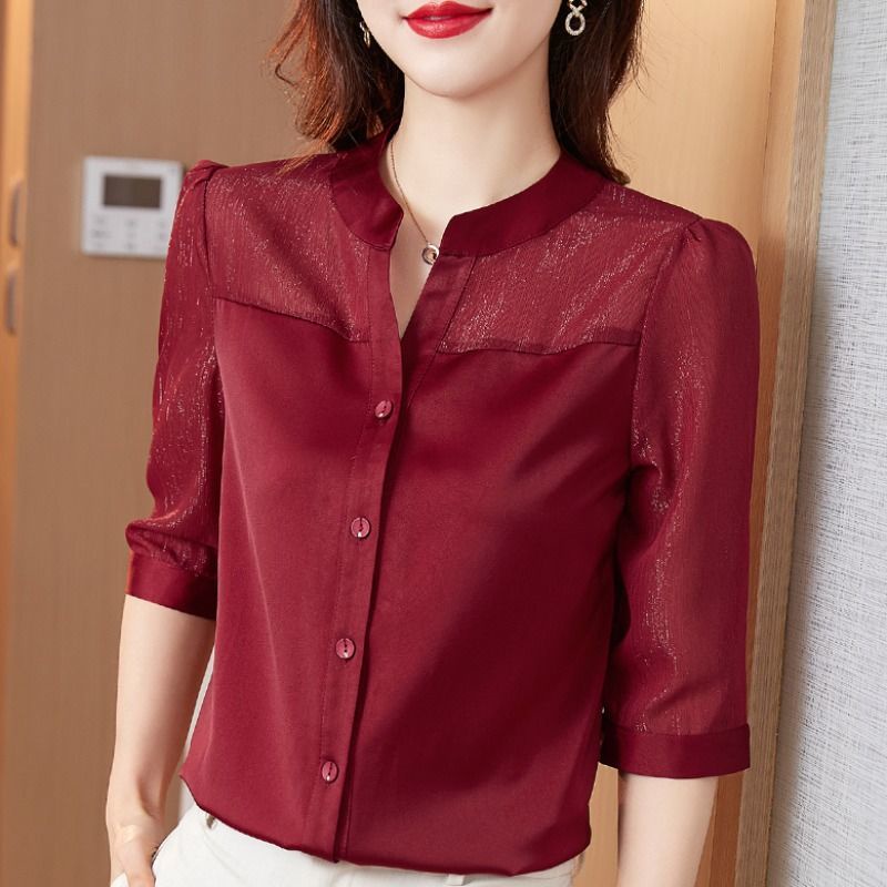 Áo Sơ Mi Voan Màu Đỏ Thời Trang Mùa Hè Dành Cho Nữ Trung Niên