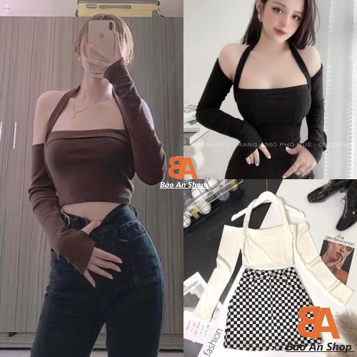 Áo kiểu dây chông cổ kiểu bệt trễ vai tay dài form ôm body croptop chất vải thun gân len 4 chiều FreeSize (Bảo An Shop)