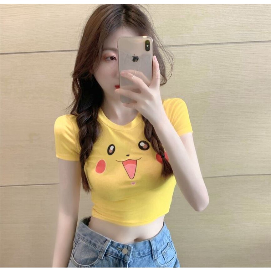 Áo croptop nữ  tay ngắn họa tiết Pikachu dễ thương,Áo Kiểu Croptop Nữ Ôm Body Hottrend 2022