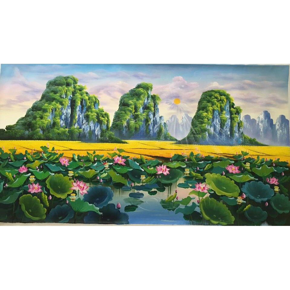 Tranh gắn đá toàn bộ tự làm - Tranh cảnh đẹp đầm hoa sen
