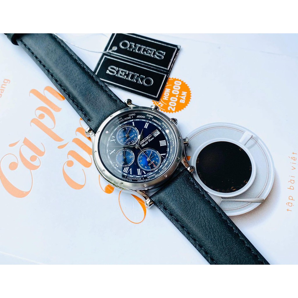 Đồng hồ Nam Seiko World Time SPL059P1 mặt xanh , dây da , chống nước , chống trầy , bảo hành 12 tháng .