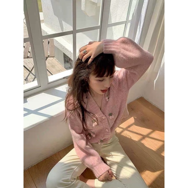 Set 2 Món Áo Cardigan + Croptop 2 Dây Tay Bồng Trái Đào Hồng Xinh Xắn