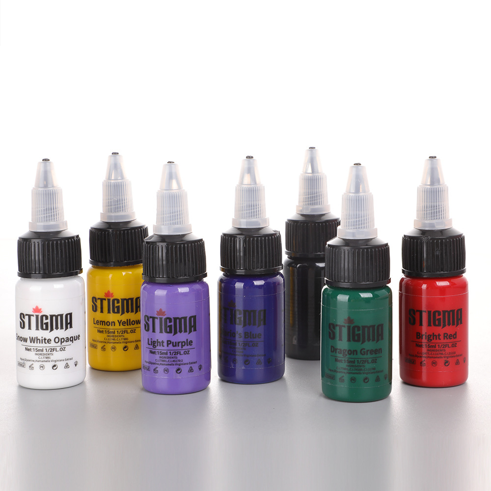 USA Stigma New Coming 7 Basic Colors Professional Tattoo Ink Set used to harvest the Kit 1/2 oz (15 ml) Natural Plant Extracts minerals, used for body coloring