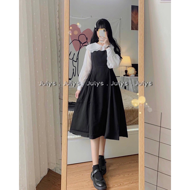 Set áo và váy yếm buộc dây   Freeship  Bộ váy yếm babydoll kèm áo sơ mi cài cúc