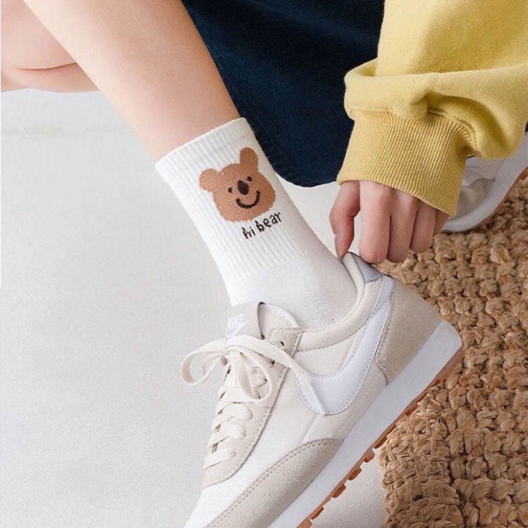 Set 5 Tất gấu trắngFREESHIPvớ cổ cao hoạ tiết hình đáng yêu chất liệu vải cotton co giãn bốn chiều