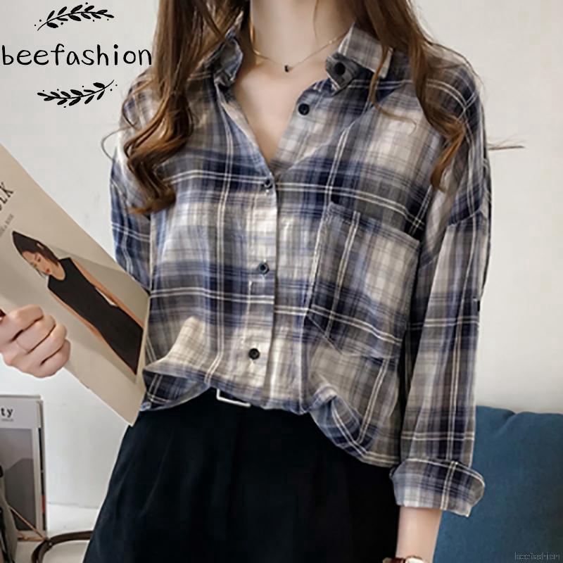 Áo sơmi sọc caro dáng rộng
