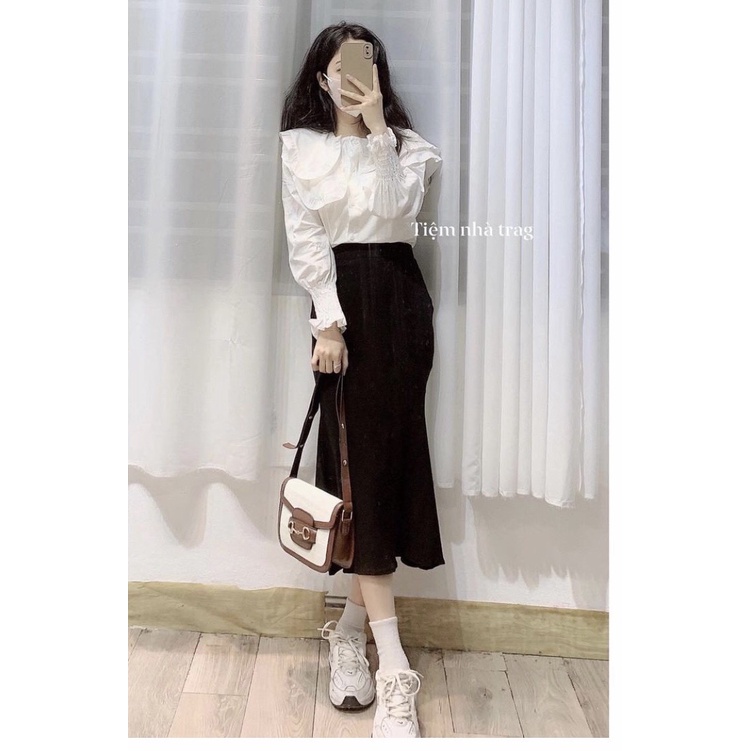 Áo sơ mi nữ cổ bèo tiểu thư sang chảnh, babydoll dài tay phối bèo siêu xinh - Kim Dung Store