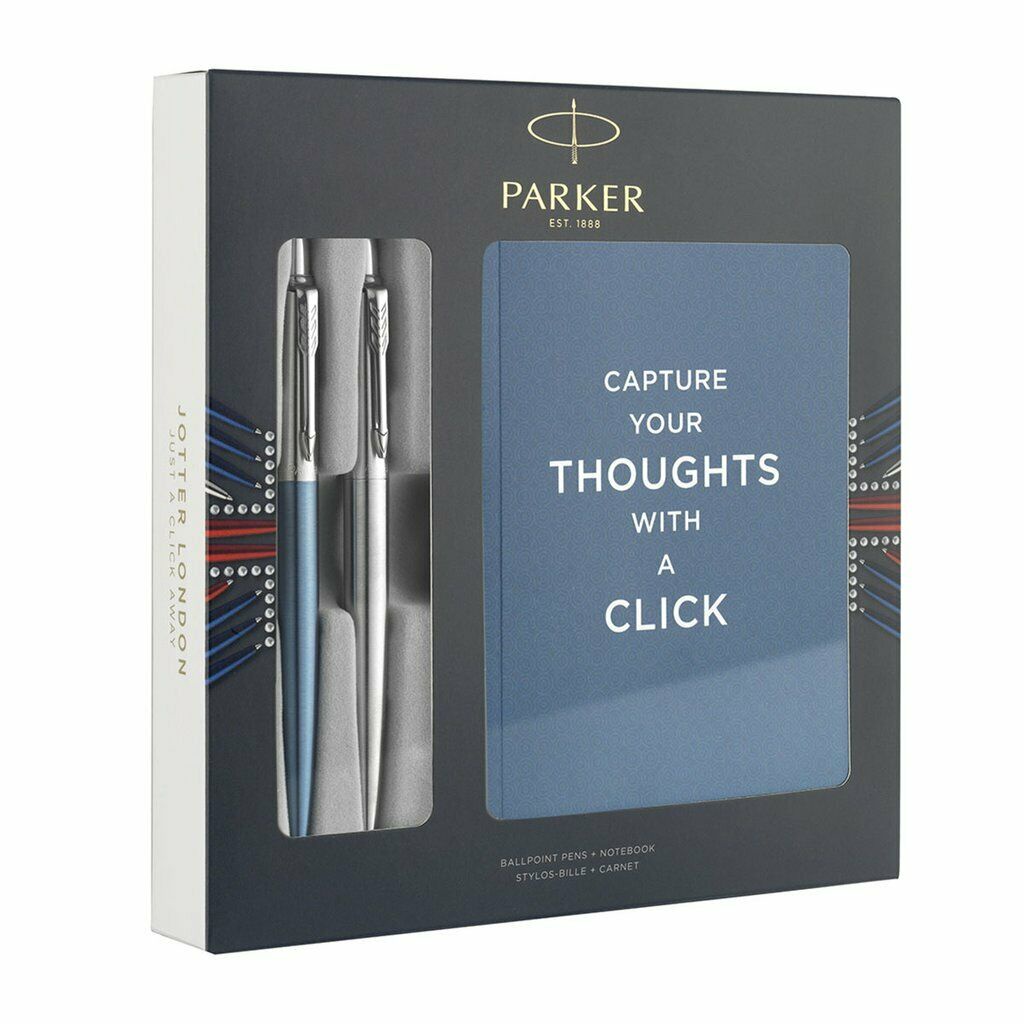 Bộ 2 bút bi Parker Jotter tặng sổ tay - Made in France - Waterloo Blue & Stainless Steel Gel Pen - Combo Viết ký cao cấp