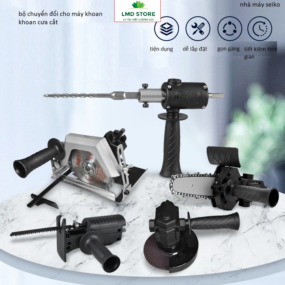 Bộ chuyển đổi máy khoan thành máy cưa lọng, cắt mài, khoan búa, cưa gỗ, cắt bàn, máy mài góc