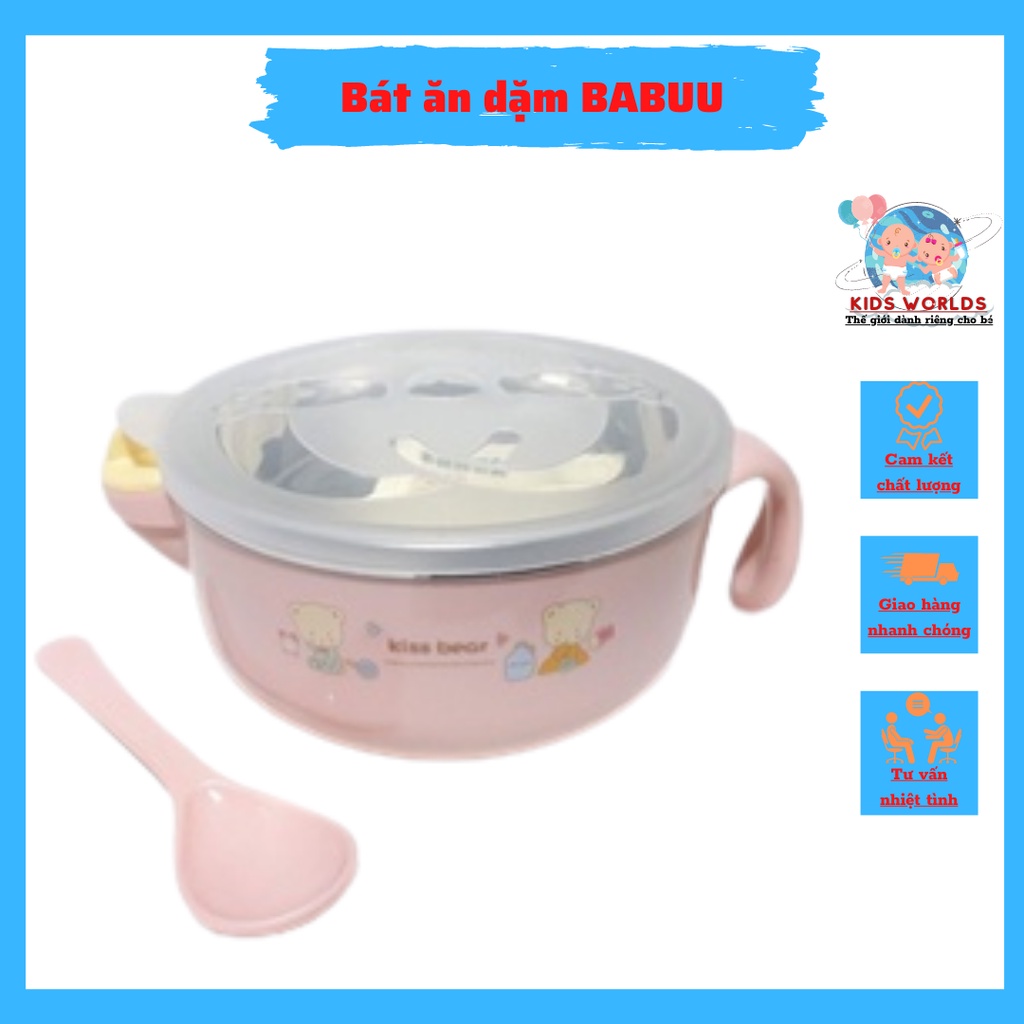 Bát Ăn Dặm BABUU Inox 2 lớp Cách Nhiệt Cho Bé Có Tay Cầm Nắp Đậy Kèm Thìa Muỗng.