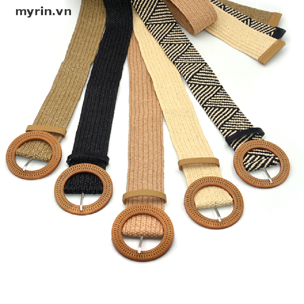 Thắt Lưng Dây Rơm Bện Co Giãn Khóa Tròn Phong Cách Boho Cổ Điển Cho Nữ