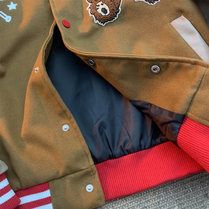 Áo Khoác Bóng Chày Da PU Tay Thêu Hình Gấu Phong Cách Retro Dành Cho Nam Nữ