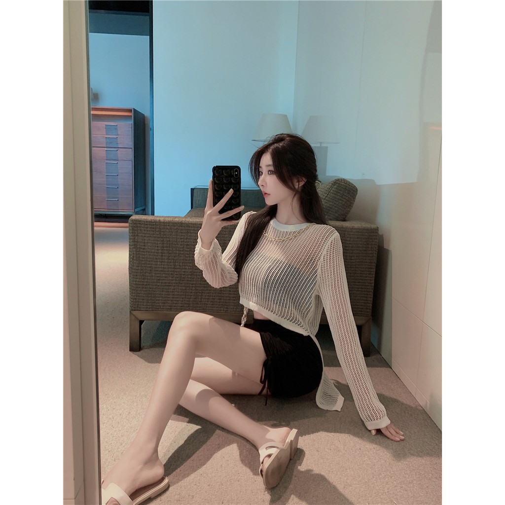 Áo Sweater Tay Dài Vạt Không Đều Phong Cách Hàn Quốc/ Váy Xếp Ly Thời Trang Tôn Đôi Chân Dài Cho Nữ