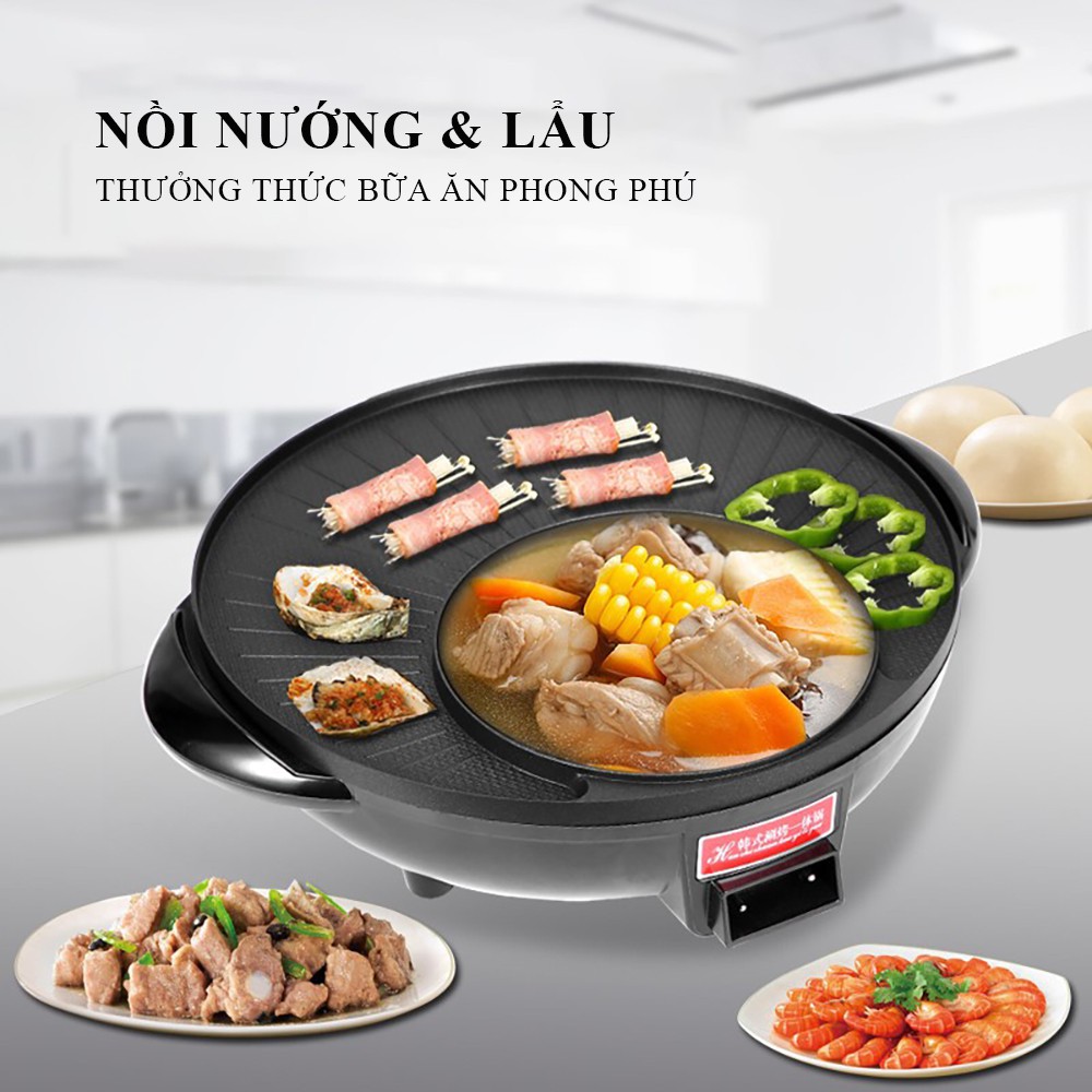 Nồi lẩu nướng điện đa năng, bếp nướng lẩu điện 2 ngăn đa năng mini, nồi nướng điện siêu tốc chống dính thế hệ mới.