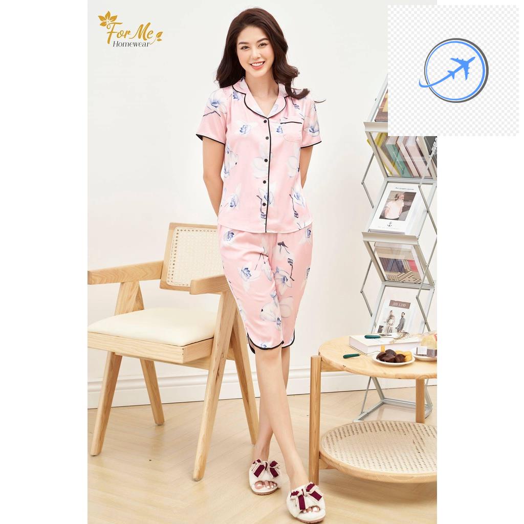 👚👗 Bộ đồ ngủ, mặc nhà chất Lụa Giấy Luxury QUẦN LỬNG HOA SEN HỒNG 32 ,forme pijama 👚👗