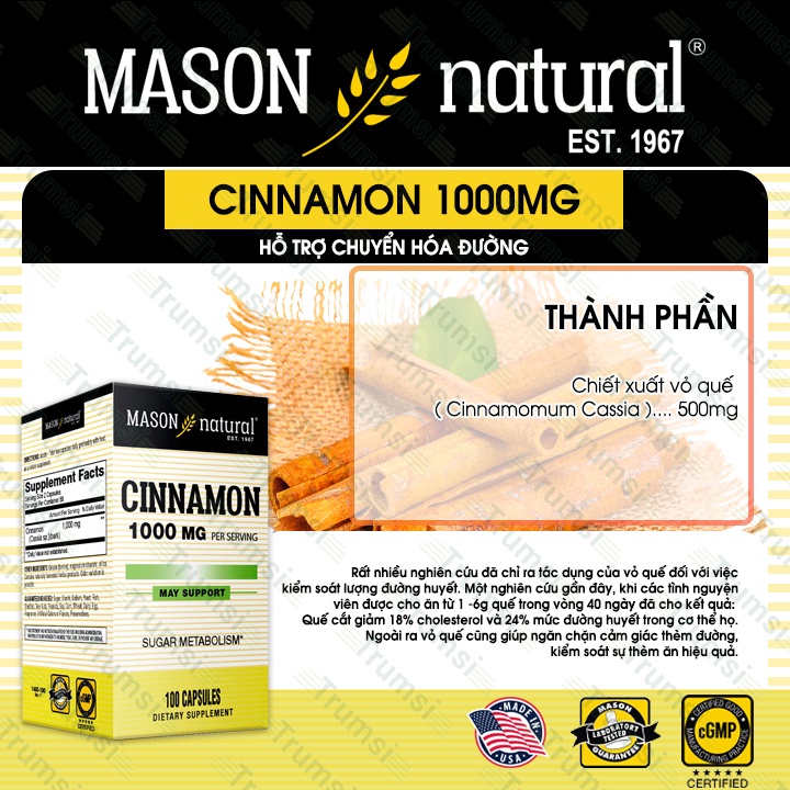 Viên uống Mason Natural Cinnamon 1000mg hỗ trợ chuyển hóa đường giúp ổn định đường huyết và giảm cholesterol hiệu quả