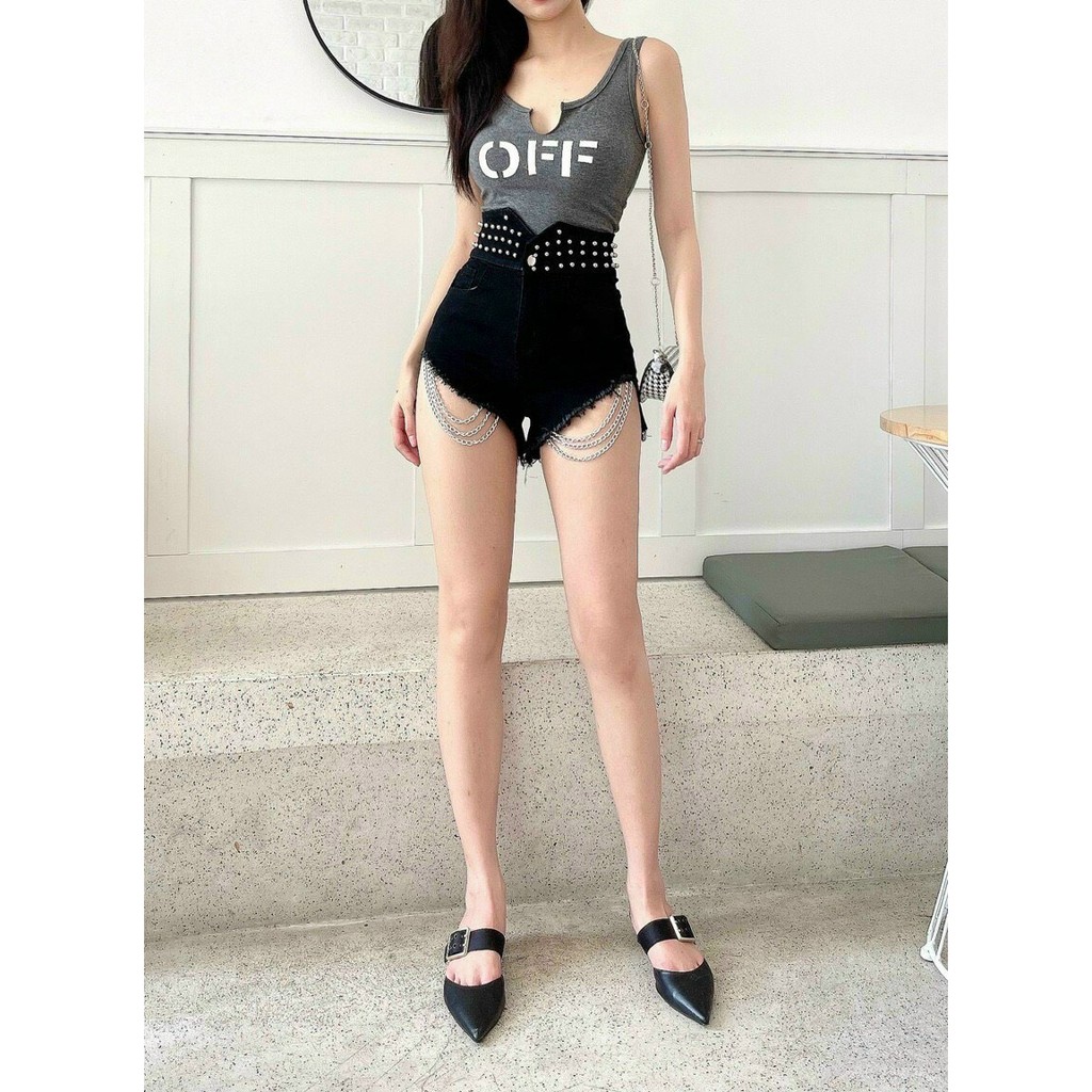 [Kèm video] Quần short kkai lưng cao lưng xẻ V đính cườm phối xích chất như nước cất