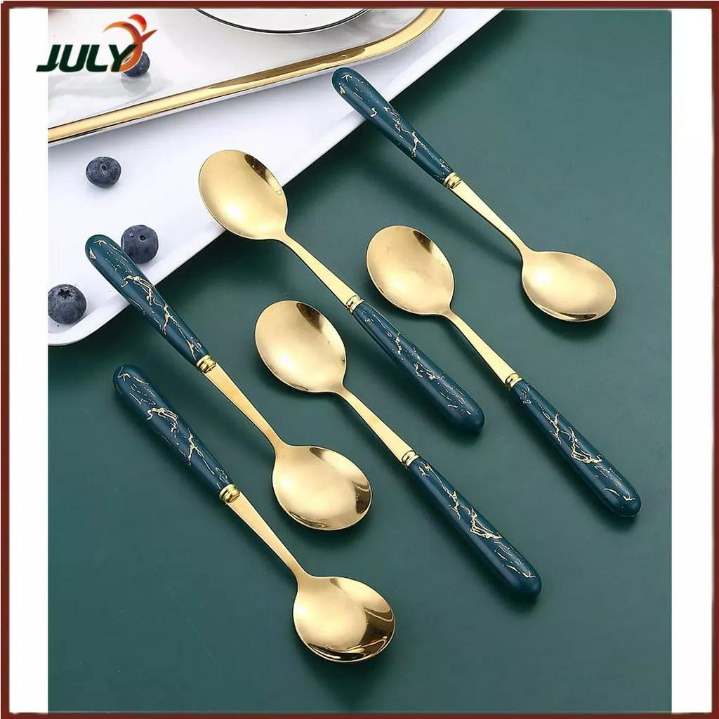 Set 6 thìa mạ vàng, cán sứ màu xanh ngọc vân đá