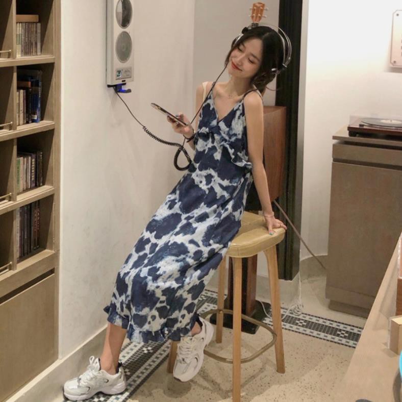 (HÀNG SẴN) Váy hai dây mùa hè suông dài họa tiết loang màu xanh bò sữa nhún bèo style retro Hàn Quốc ⚡ * !