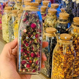 Combo 3 chai thủy tinh vuông nắp gỗ đựng trà khô/ thực phẩm / trang trí decor 350ml