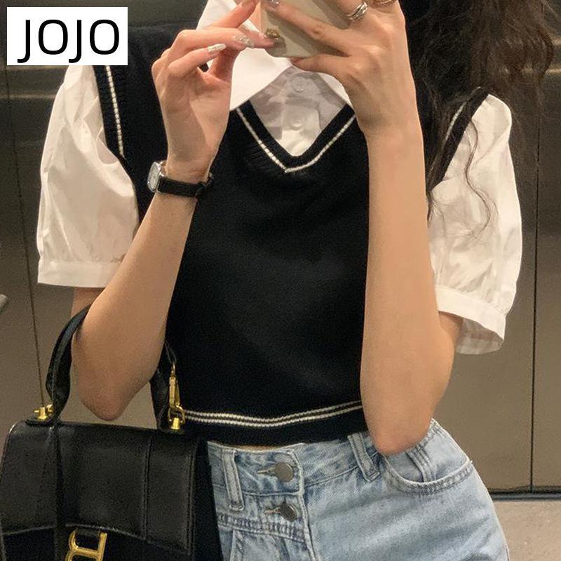 Áo Thun polo Ngắn Tay Giả Hai Lớp Phong Cách Preppy Phong Cách Mới Cho Nữ