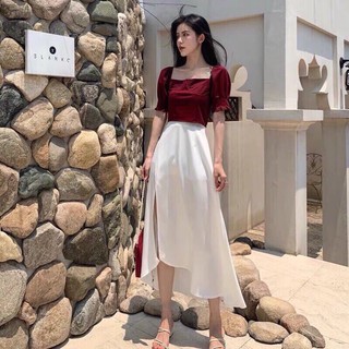 Sét bộ áo tay phồng và chân váy trắng xẻ tà siêu HOT