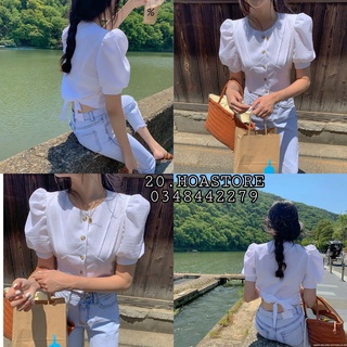 ÁO CROPTOP TAY BỒNG THẮT NƠ SAU - ÁO ULZZANG CÚC CÀI CỘT NƠ SAU EO MÀU TRẮNG