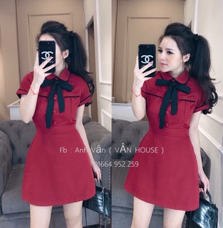 Đầm Xoè Phối Nơ Cổ Nút Bộc Siêu Hot