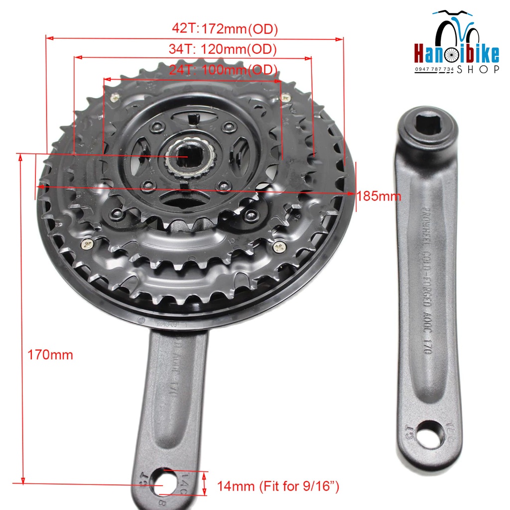 Đùi đĩa xe đạp Prowheel 24-34-42T 3 tầng 8/9 speed