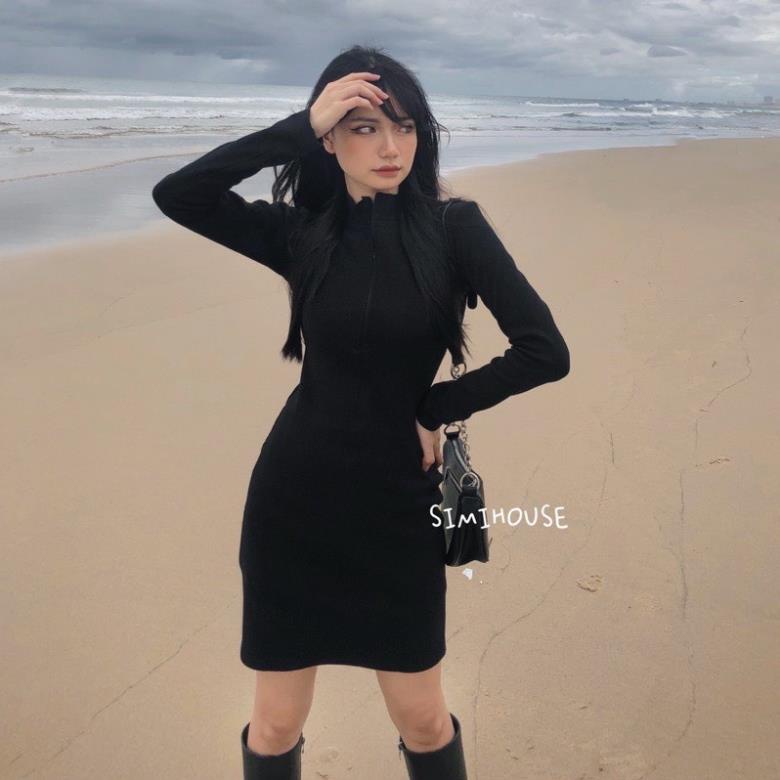 Đầm Body Phối Khoá Kéo Trước Thiết Kế Cổ Chữ V Quyến Rũ Váy Ôm Dáng Nhún Eo Nữ Dài Tay GOVA | BigBuy360 - bigbuy360.vn