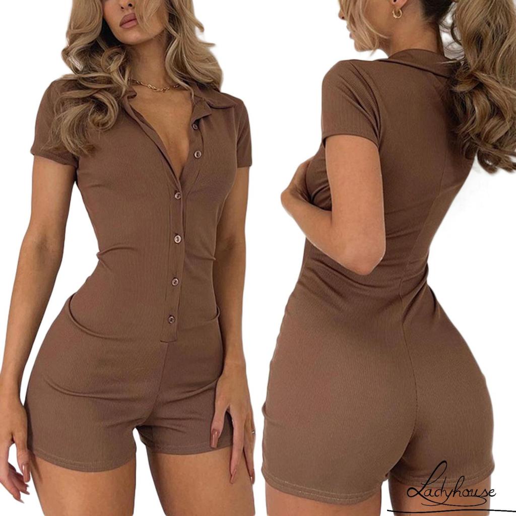 Bộ Áo Liền Quần Tay Ngắn Dáng Ôm Màu Trơn Cài Nút Phía Trước Thời Trang Hè Thu Quyến Rũ Cho Nữ