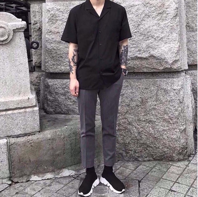 Áo Sơmi Cổ Vest Basic Unisex Tay Ngắn Ảnh Thật