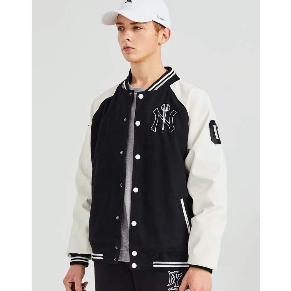 ÁO KHOÁC MLBNY BOMBER BASIC TAY DA - ÁO VARSITY NAM NỮ UNISEX - HÀNG CHÍNH HÃNG