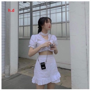 Sét váy vintage sét đồ nữa basic gồm áo croptop cổ V tay phồng + chấn váy ngắn hai tầng giá rẻ ulzzang