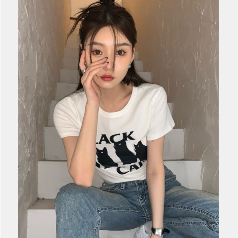 Áo Thun Croptop Tay Ngắn In Hình Mèo Dễ Thương Cho Nữ