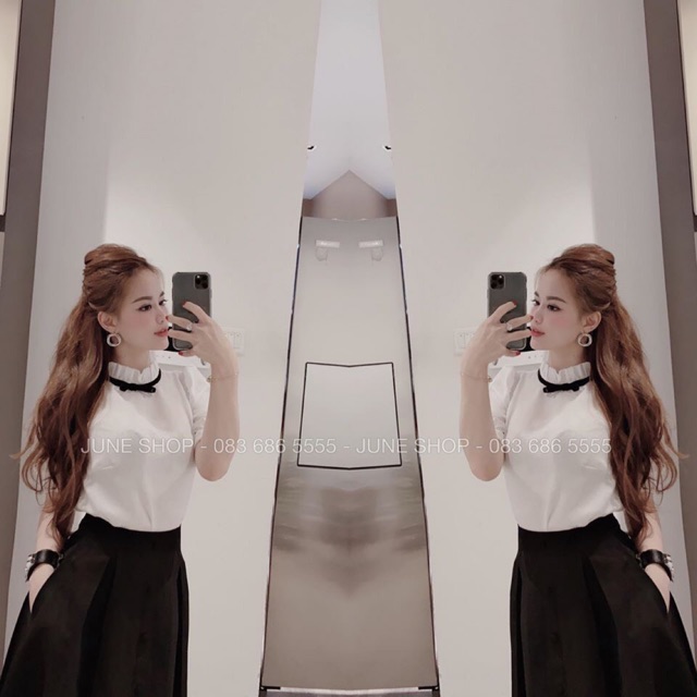 SET ÁO SƠ MI PHỐI NƠ CỔ KÈM CHÂN VÁY XẾP