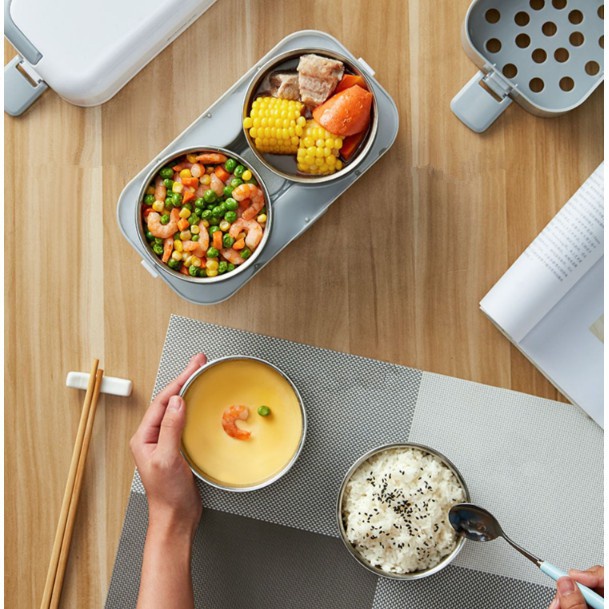 Hộp cơm cắm điện đa năng, hộp cơm hâm nóng văn phòng tự nấu chín thức ăn với 4 Hộp Inox 2 tầng