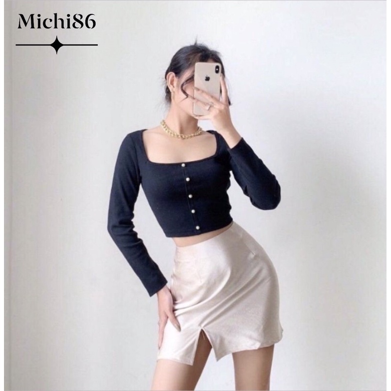 Áo croptop kiểu nữ cổ vuông tay dài gắn nút ngọc Michi , áo thun nữ tay dài | WebRaoVat - webraovat.net.vn