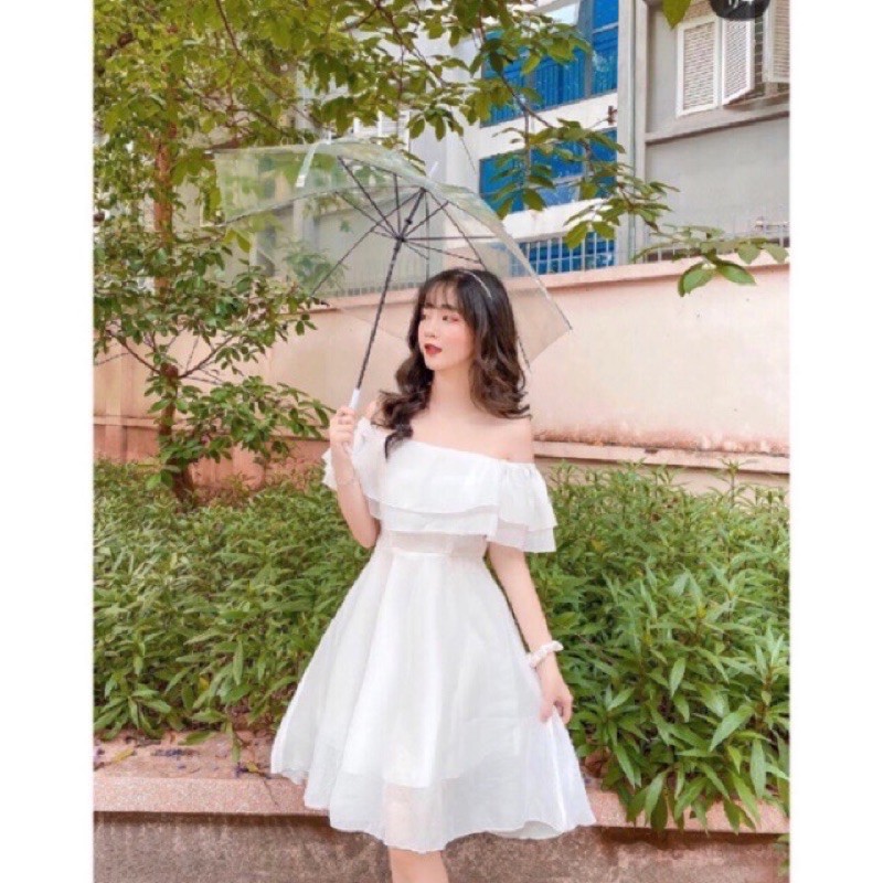 Váy đi tiệc tiểu thư trễ vai hai màu trắng be - Vát voan trễ vai đi tiệc sang chảnh | BigBuy360 - bigbuy360.vn