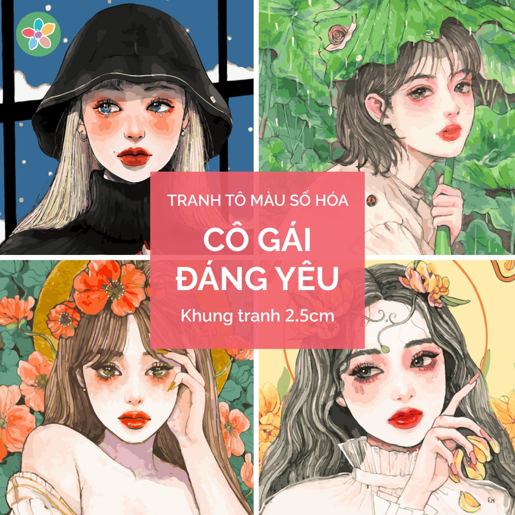 ✅Tranh tô màu theo số - Cô gái đáng yêu đã căng khung 40x50cm