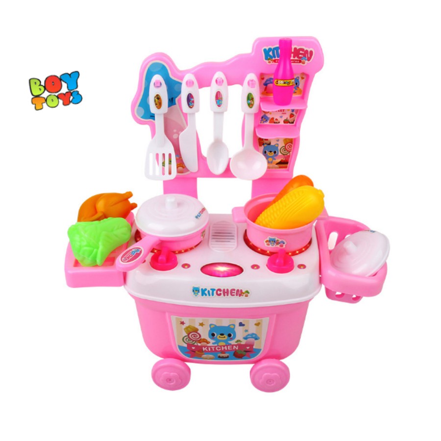 Bộ đồ chơi nhà bếp 2 trong 1 nấu ăn hồng kèm xe đẩy siêu thị, đồ chơi nhập vai đầu bếp cho bé thỏa sức vui chơi