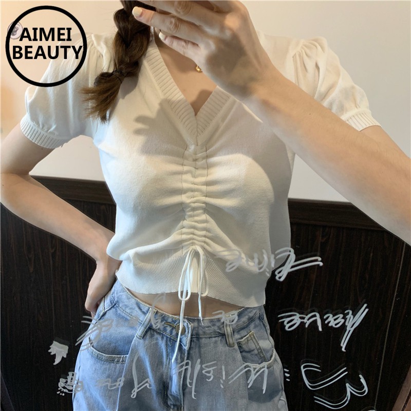 Áo tay ngắn cổ V dây rút bằng len thời trang cho nữ | BigBuy360 - bigbuy360.vn