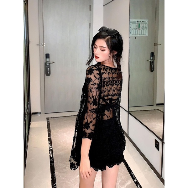 Bikini len đi biển áo tam giác tua rua mix quần len màu đen