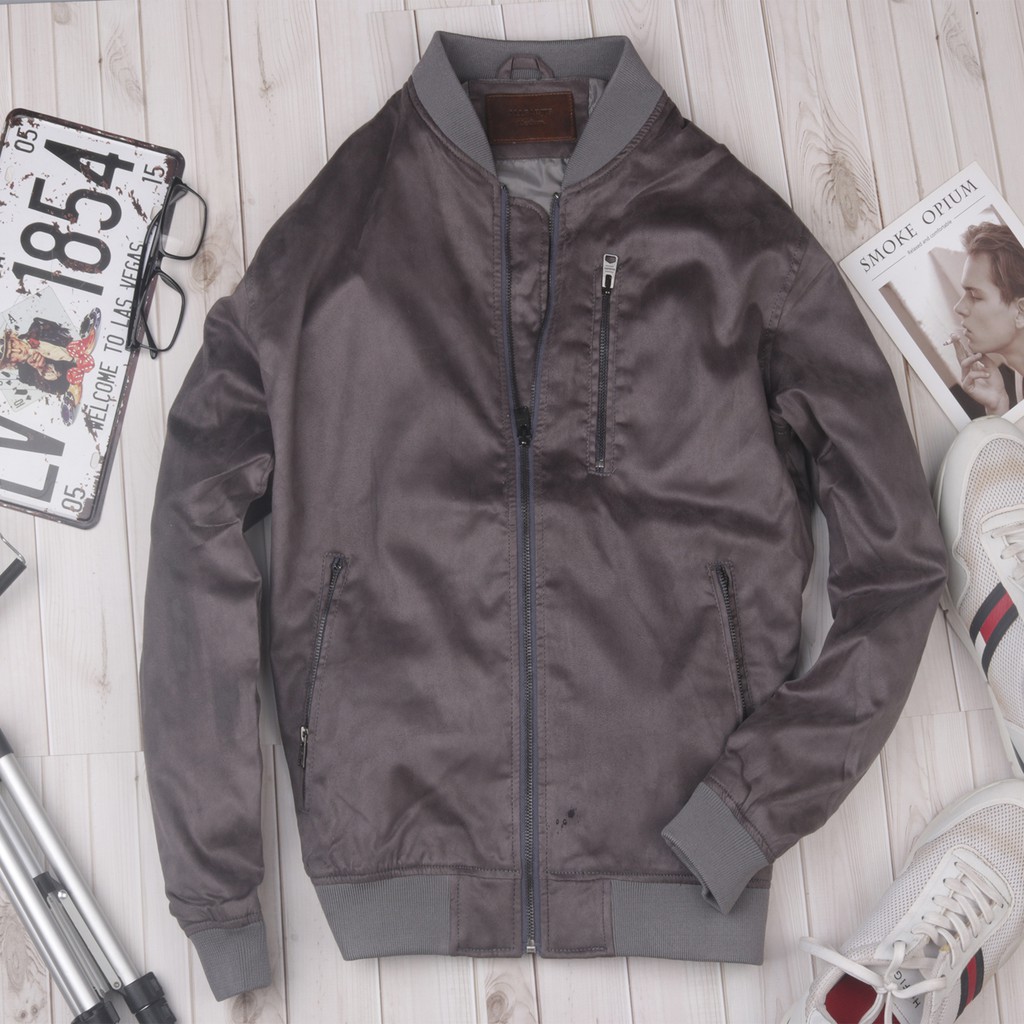 Áo  khoác bomber da lộn nam màu ghi giảm giá