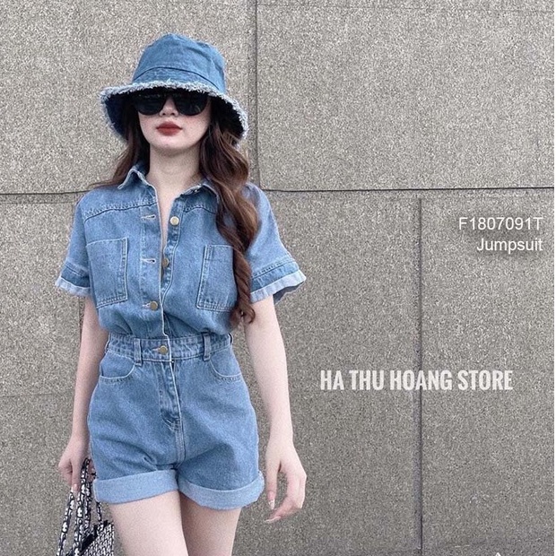 Jum short jean gài nút ngực cổ bẻ có túi tay lật thời trang!